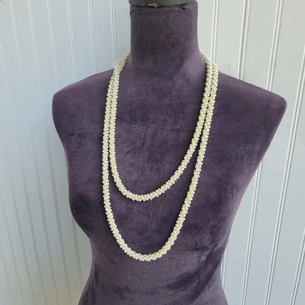 Vintage Long Ivory Plastic Simulated Pearl Necklace 60"